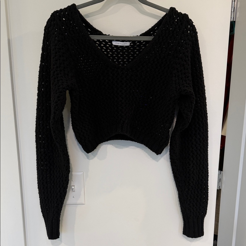 John Elliott Black Cropped Deep V-Neck Sweater